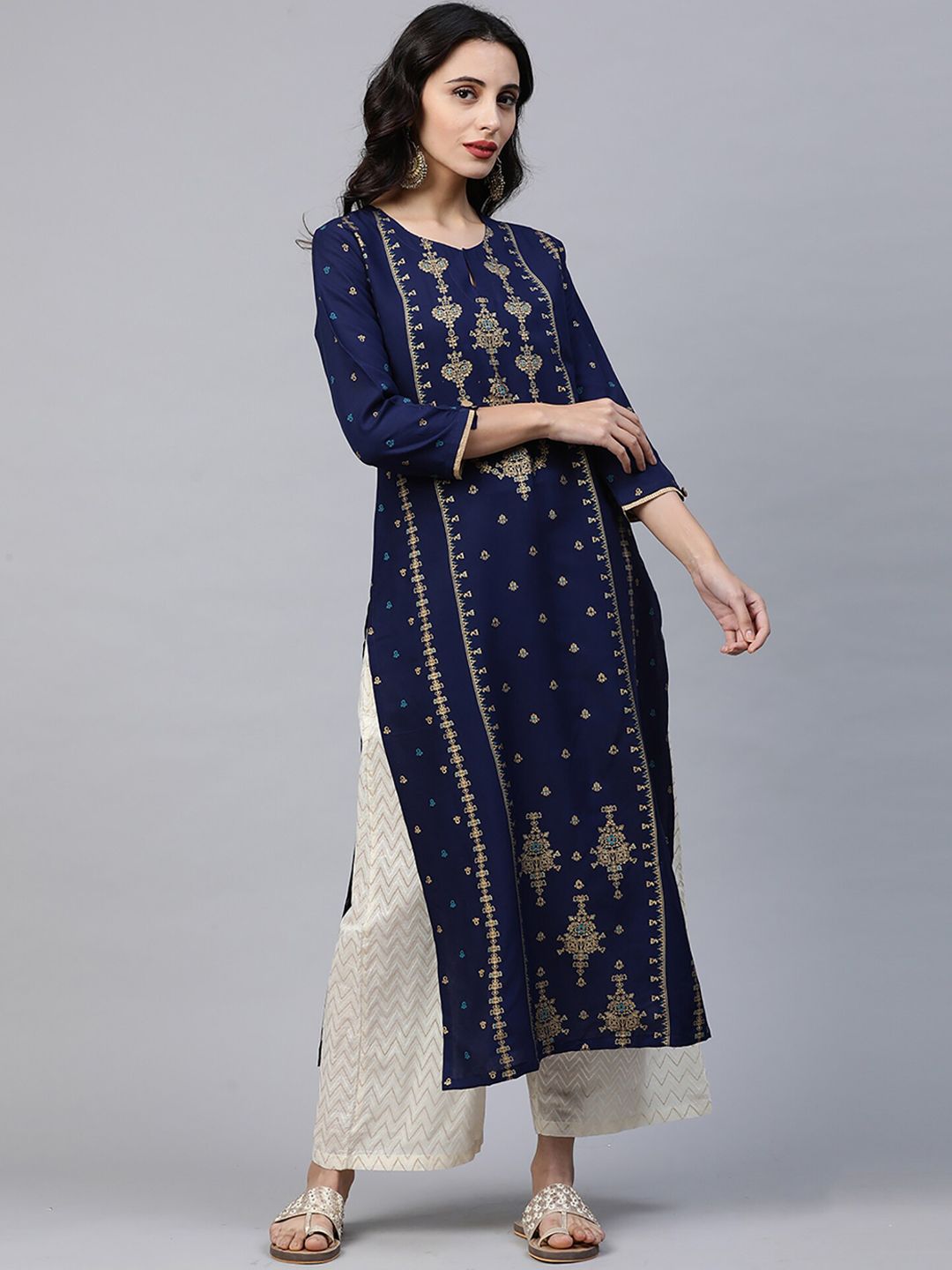 Dhiyona IE Women Blue & Gold-Toned Printed A-Line Kurta