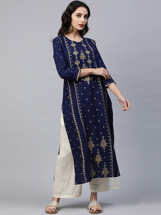 Dhiyona IE Women Blue & Gold-Toned Printed A-Line Kurta