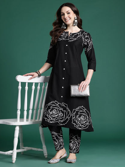 Floral Printed Mirror Work Pure Cotton Kurta with Trousers