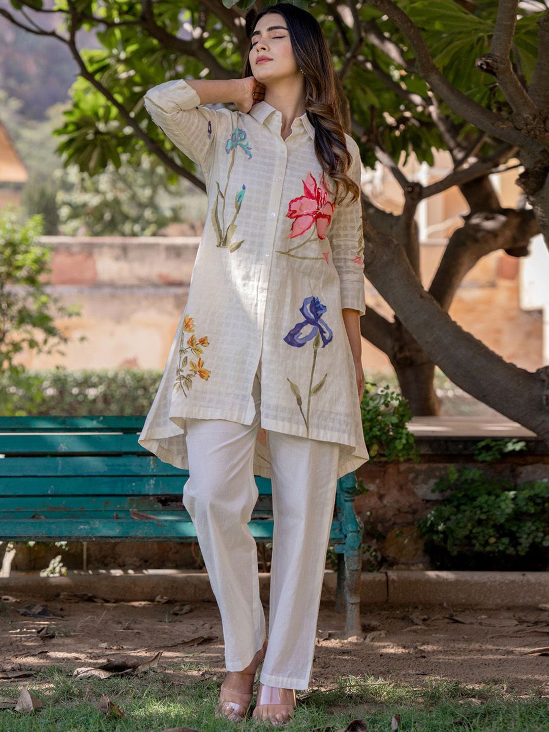 Dhiyona IE Floral Printed Shirt Collar Pure Cotton Tunic With Trouser