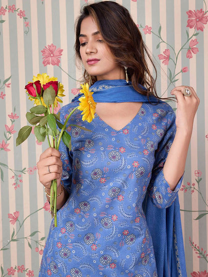 Dhiyona OD  Floral Printed Regular Pure Cotton Kurta with Trousers & Dupatta