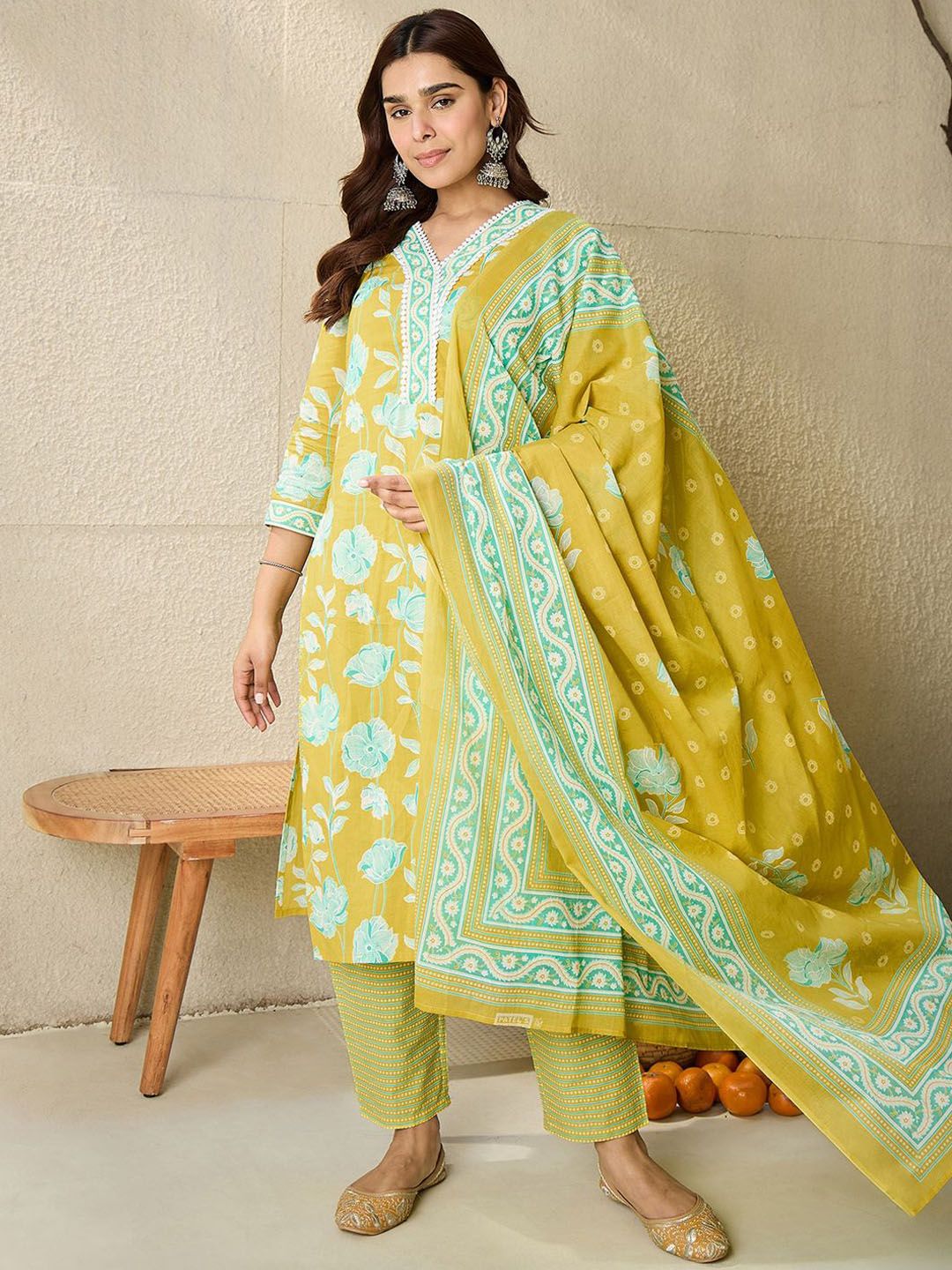 Floral Printed V-Neck Pure Cotton Straight Kurta With Trousers And Dupatta