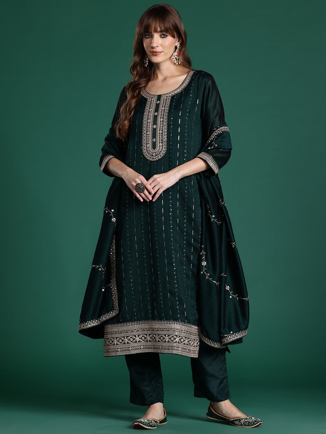 Ethnic Motifs Embroidered Sequinned Kurta with Trousers & With Dupatta