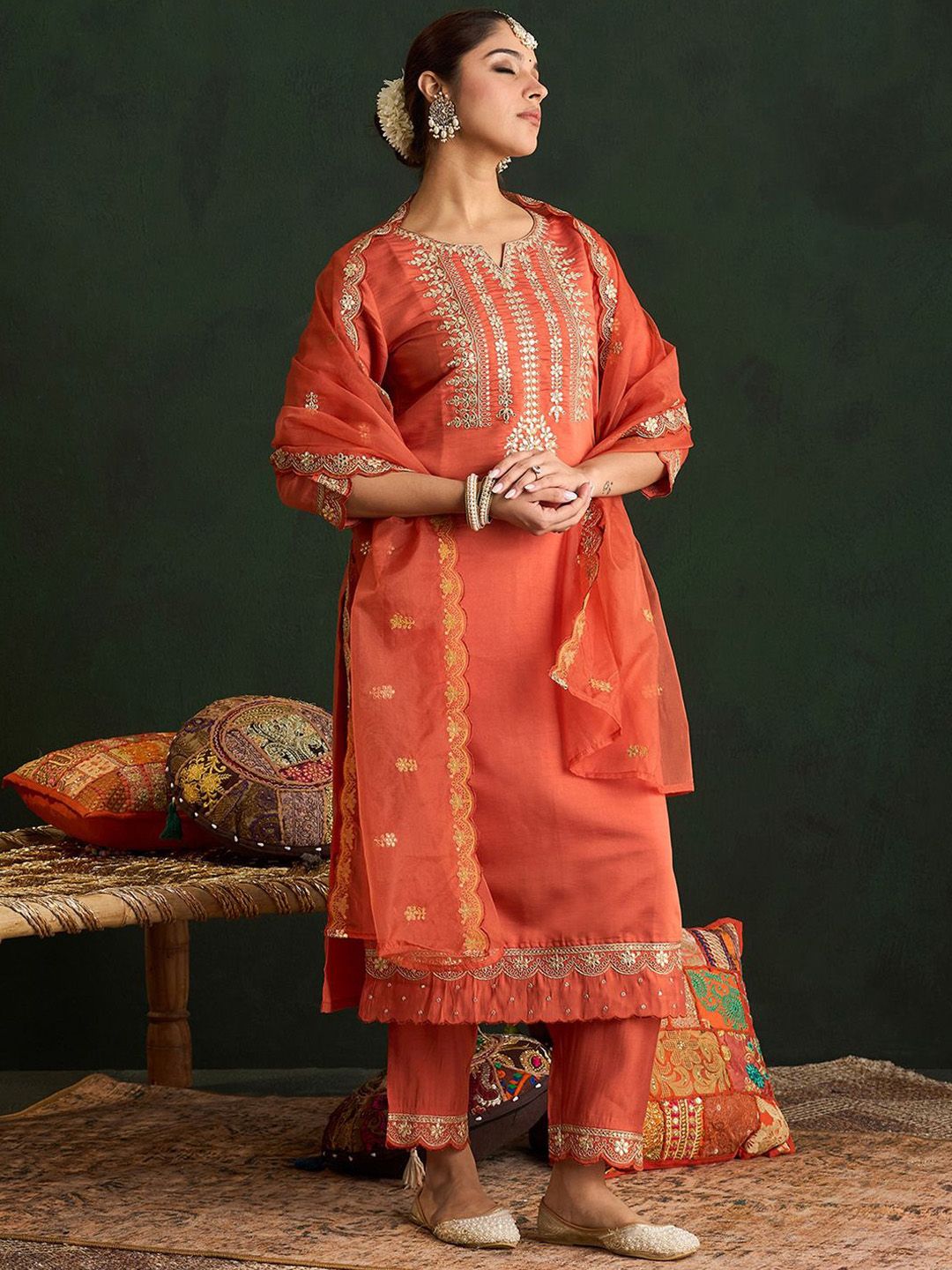 Dhiyona IE Ethnic Motifs Embroidered Gotta Patti Straight Kurta With Trousers & Dupatta