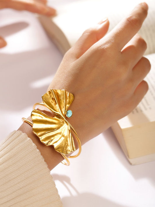 Dhiyona RJ Women's 22K Gold-Plated Free Size Leaf Design Cuff Bracelet with Turquoise Accent