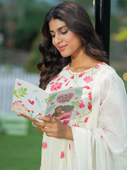 Floral Printed Pure Cotton Anarkali Kurta With Trousers & Dupatta