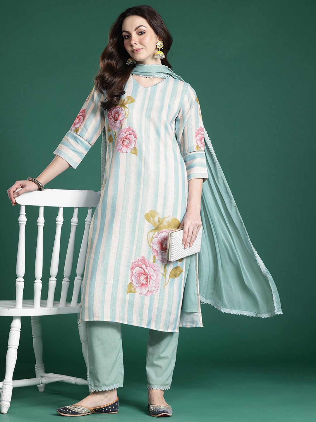Floral Printed Beads and Stones Linen Kurta with Trousers & With Dupatta
