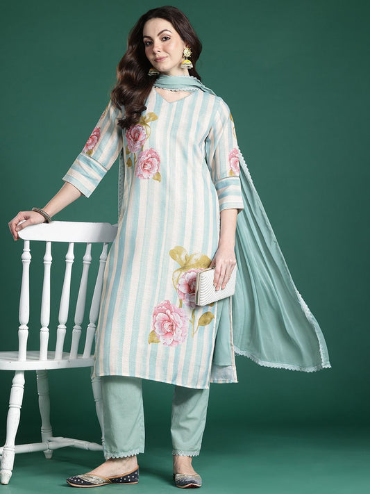 Floral Printed Beads and Stones Linen Kurta with Trousers & With Dupatta
