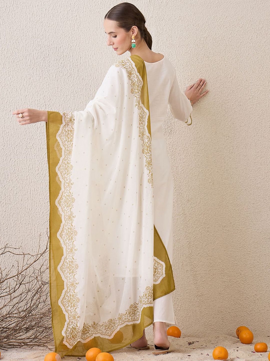 Dhiyona IE Floral Embroidered Sequinned Pure Cotton Straight Kurta With Trousers & Dupatta