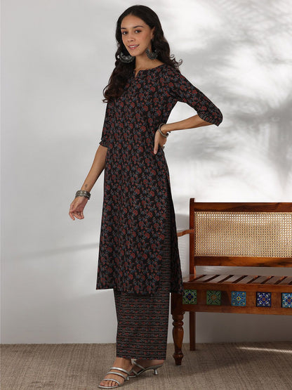 Dhiyona LB Women's Floral Printed Notch Neck Pure Cotton Straight Kurta with Palazzo & Dupatta