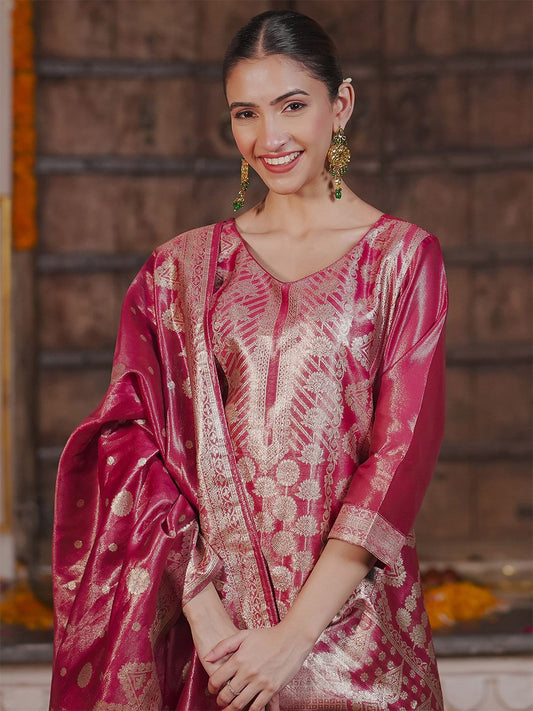 Ethnic Motifs Woven Design Straight Kurta with Trousers & With Dupatta