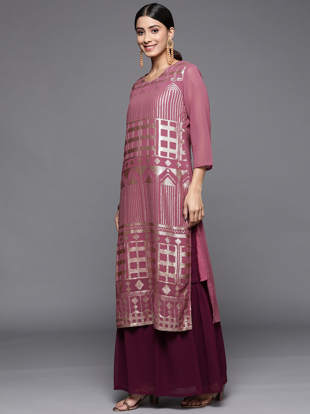 Dhiyona VA Women's Embroidered Sequinned Kurta With Sharara & Dupatta