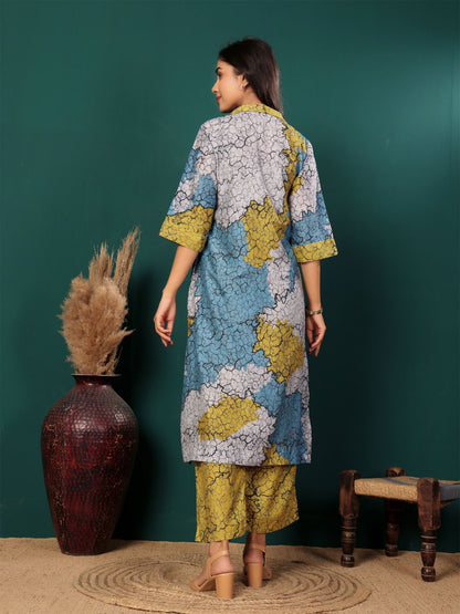 Dhiyona VA Women'sAbstract Printed Shirt Collar Straight Kurta With Trouser