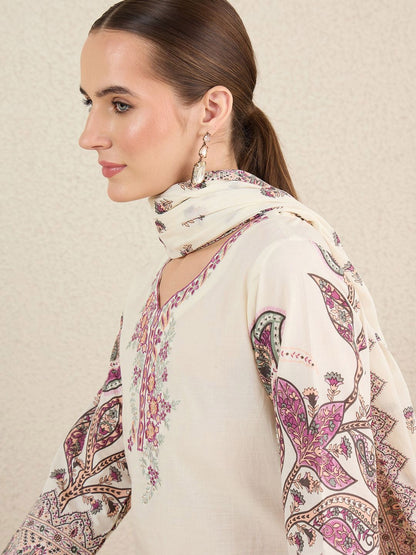 Women Floral Printed Cotton Kurta with Trousers & Dupatta