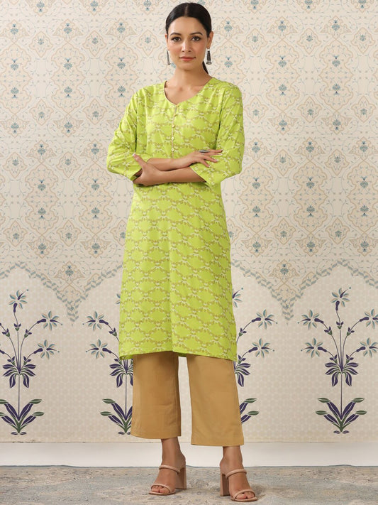 Dhiyona OD  Lime Green & Beige Printed V Neck Kurta With Palazzos