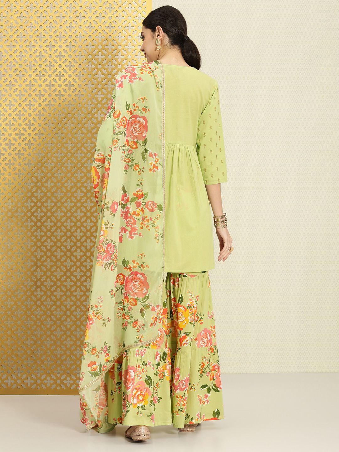 Dhiyona PD Women Women Pure Cotton Floral Empire Jashn Kurta with Sharara & Dupatta
