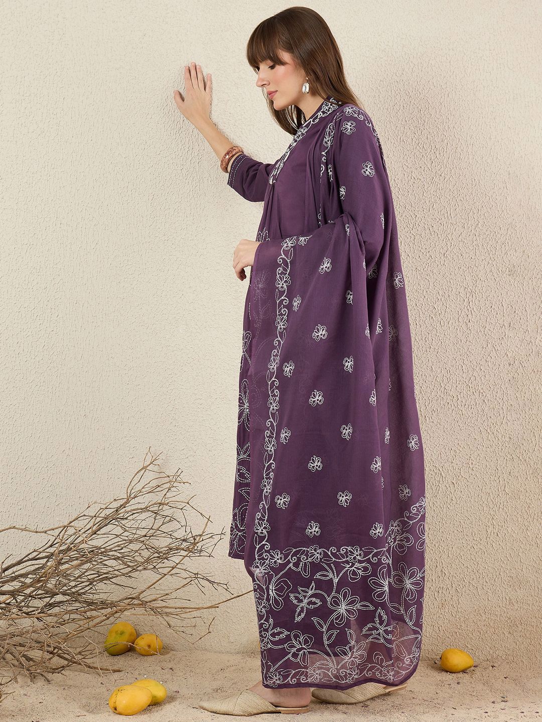 Dhiyona IE Women Solid Embroidered Cotton Kurta with Trousers & Dupatta