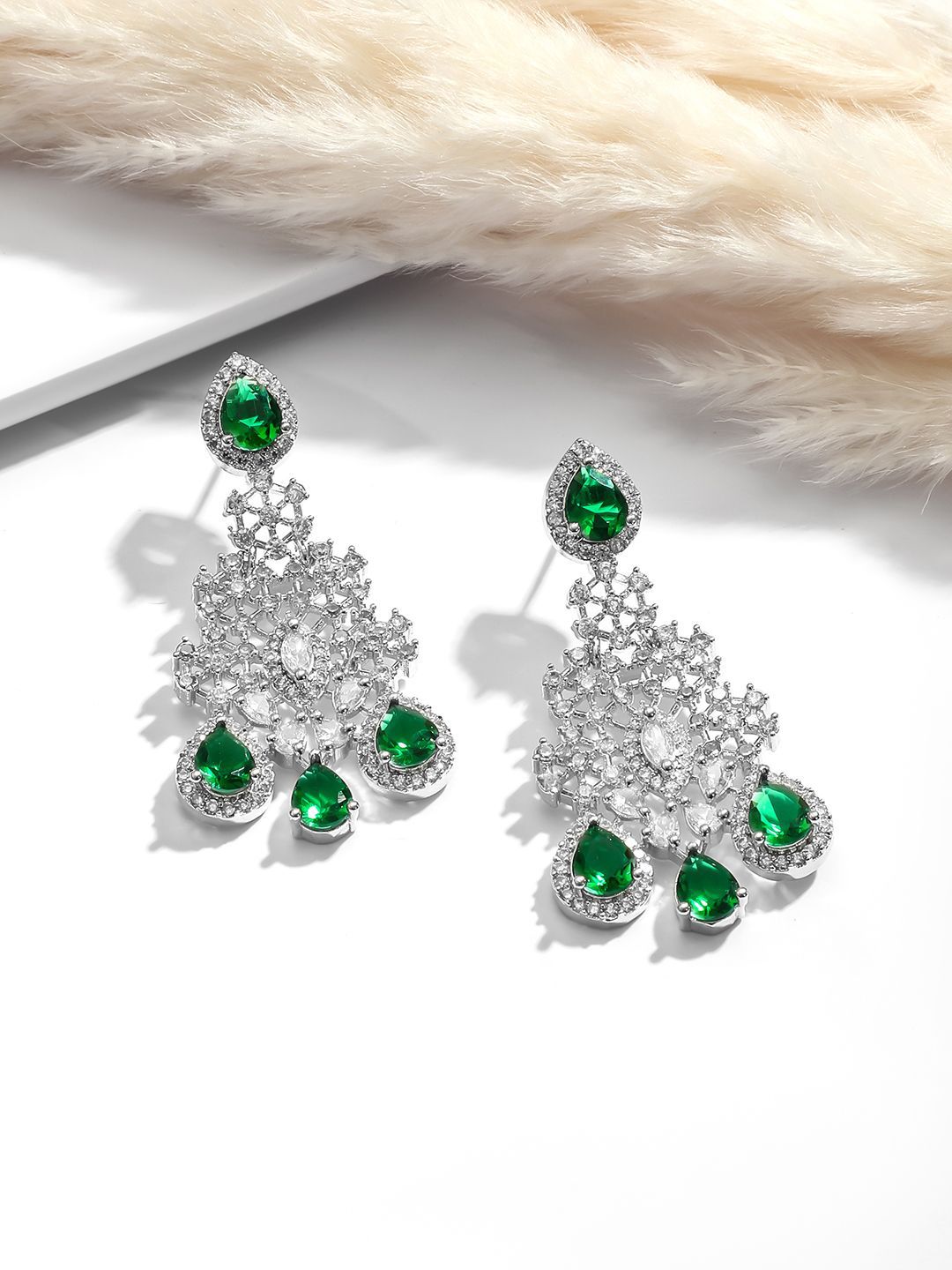 Dhiyona RJ Women's Rhodium Plated Emerald Green & White Cubic Zirconia Studded Statement Jewellery Set