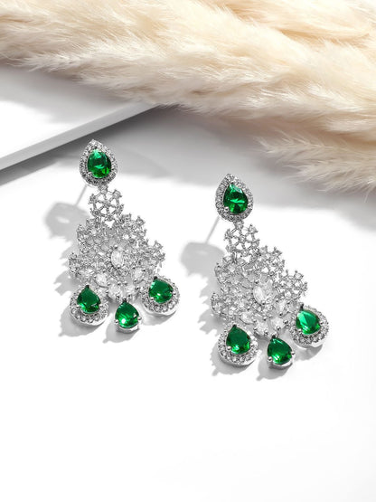 Dhiyona RJ Women's Rhodium Plated Emerald Green & White Cubic Zirconia Studded Statement Jewellery Set