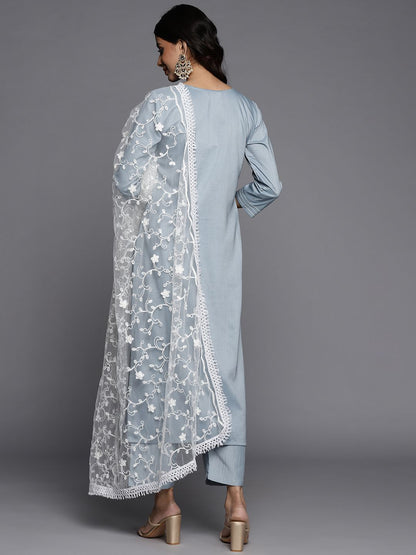 Dhiyona VA Women's Grey Ethnic Motifs Embroidered Panelled Kurta with Trousers & Dupatta