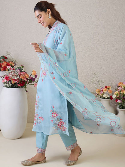 Dhiyona IE Floral Embroidered V-Neck Thread Work Straight Kurta & Trousers & Dupatta