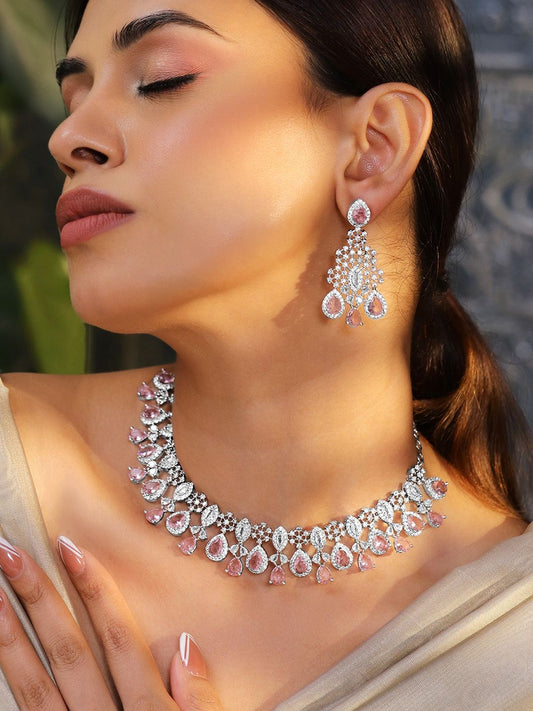 Dhiyona RJ Women's Rhodium-Plated Pink AD & Cubic Zirconia Studded Statement Necklace Set