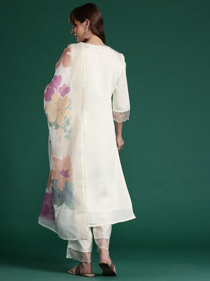 Floral Embroidered Mirror Work Chanderi Silk Kurta With Trousers & Dupatta