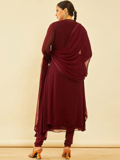 Dhiyona SO Women's Maroon Embellished Regular Beads and Stones A-Line Kurta with Churidar & With Dupatta