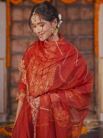 Dhiyona IE Ethnic Motifs Embroidered Liva Straight Kurta With Trousers & Dupatta