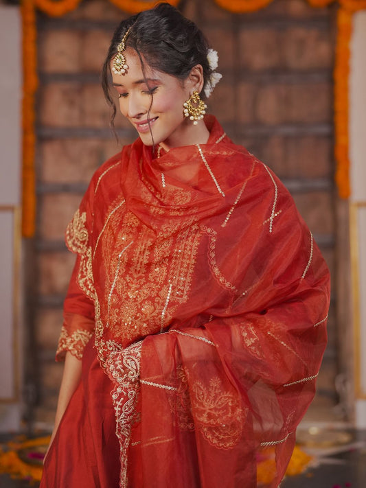 Dhiyona IE Ethnic Motifs Embroidered Liva Straight Kurta With Trousers & Dupatta
