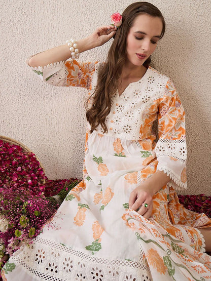 Floral Printed Beads and Stones Pure Cotton Straight Kurta & Trousers & Dupatta