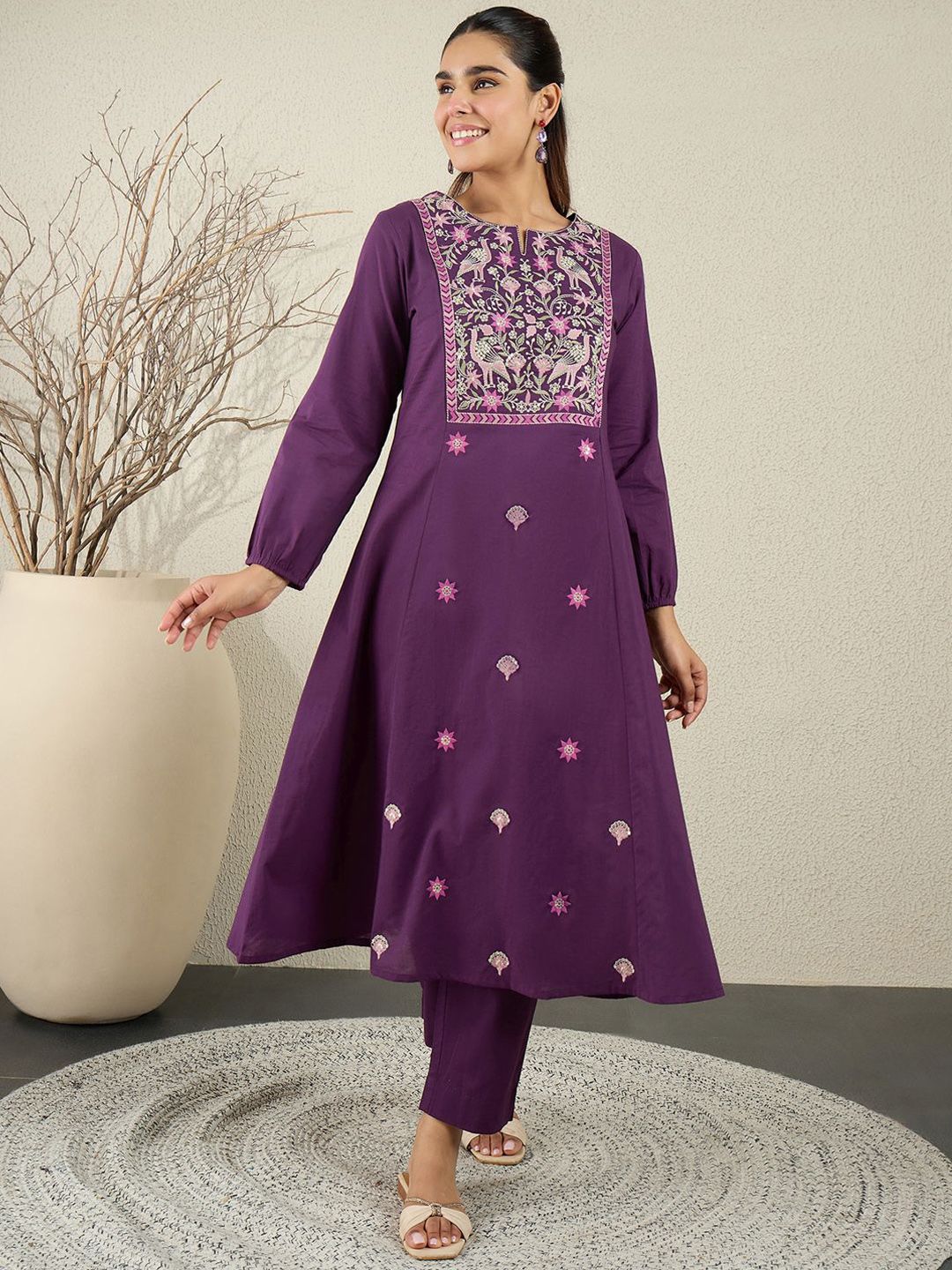 Floral Embroidered Sequinned Pure Cotton Kurta With Trousers
