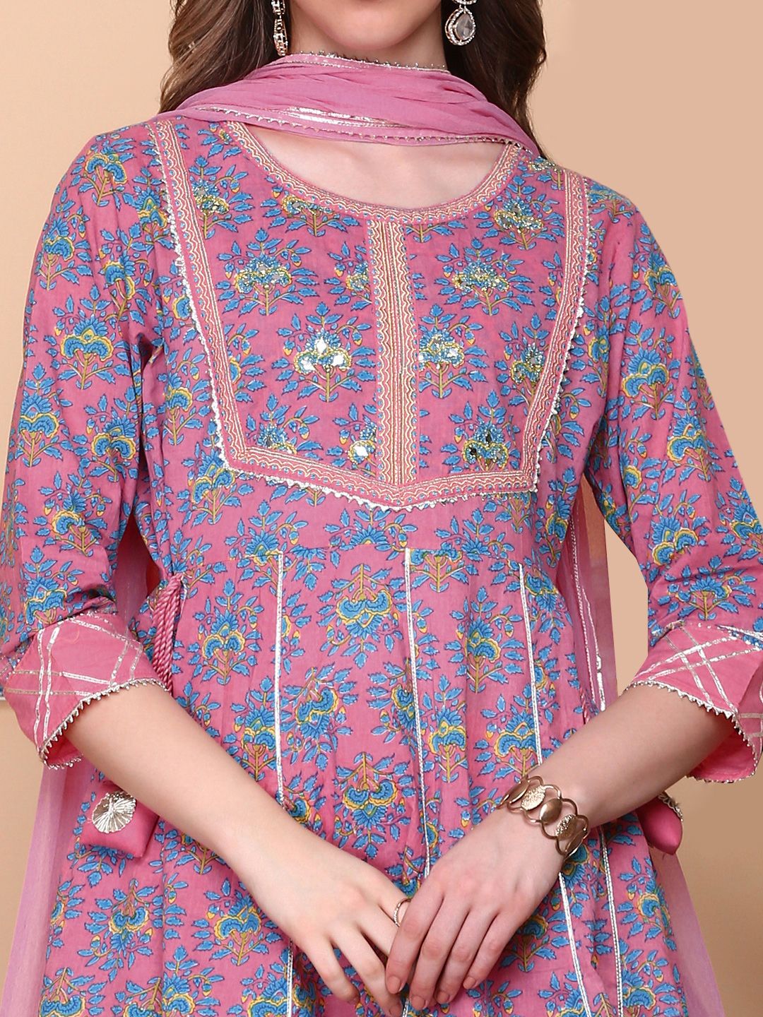 Dhiyona IS Women's Floral Printed Pure Cotton Anarkai Kurta with Sharara & Dupatta