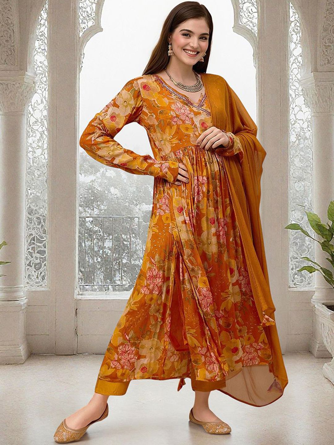 Dhiyona IS Women's Floral Printed Sequinned Angrakha Straight Kurta with Trousers & Dupatta