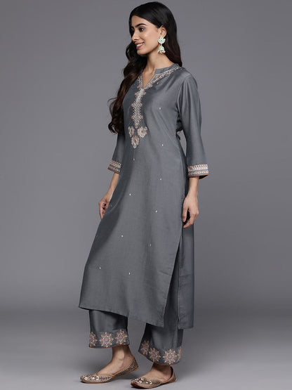 Dhiyona VA Women'sFloral Embroidered Mandarin Collar Straight Kurta with Trousers & Dupatta