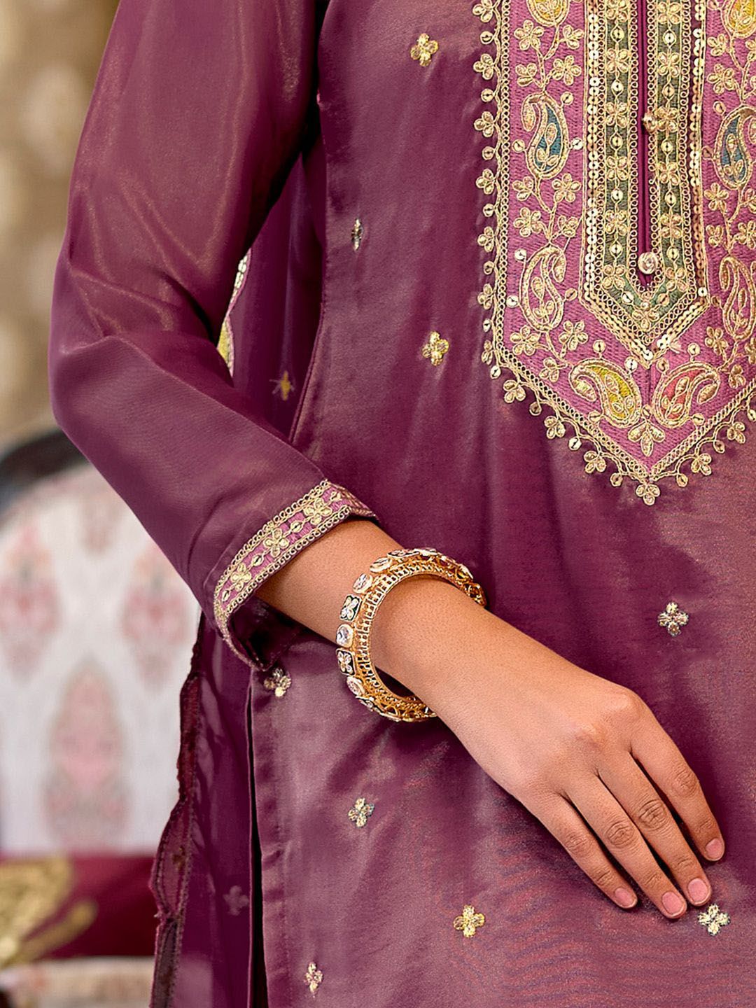 Floral Embroidered Sequinned Straight Kurta With Palazzos & Dupatta