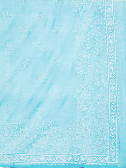 Dhiyona IE Women Turquoise Blue Floral Embroidered Thread Work Kurta with Trousers & With Dupatta
