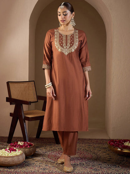 Dhiyona IE Women Ethnic Motifs Embroidered Regular Liva Kurta with Trousers & With Dupatta