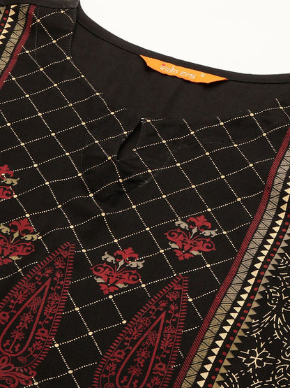 Dhiyona IE Women Black & Maroon Floral Print A-Line Kurta