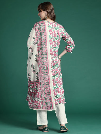 Dhiyona IE Floral Printed Regular Pure Cotton Kurta with Trousers & Dupatta