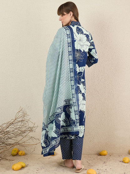 Dhiyona IE Women Floral Printed Cotton Kurta with Trousers & Dupatta