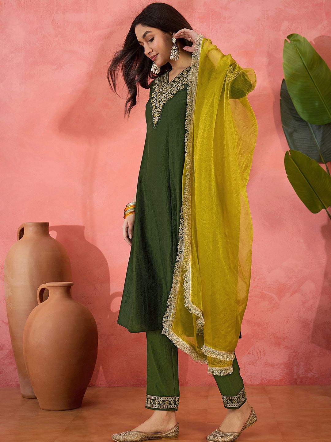 Dhiyona SN Women's Yoke Design V-Neck A-Line kurta & Trousers With Dupatta