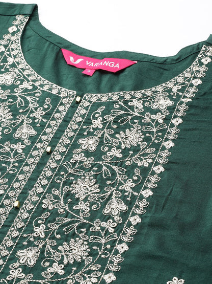 Dhiyona VA Women's Green Ethnic Motifs Yoke Design Gotta Patti Pure Cotton Kurta with Trousers & With Dupatta