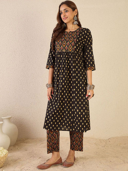 Dhiyona IE Women Printed Pleated Mirror Work Pure Cotton Kurta with Trousers
