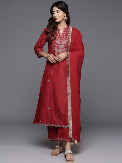 Dhiyona VA Women'sEmbroidered Mandarin Collar Straight Kurta & Trousers With Dupatta