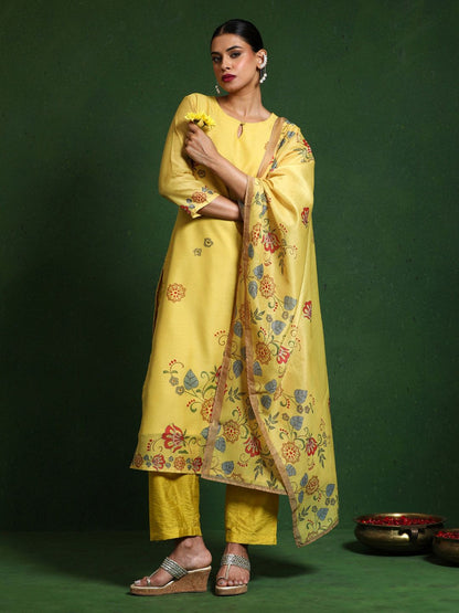 Dhiyona VA Women'sFloral Embroidered Sequinned Chanderi Silk Kurta with Trousers & Dupatta