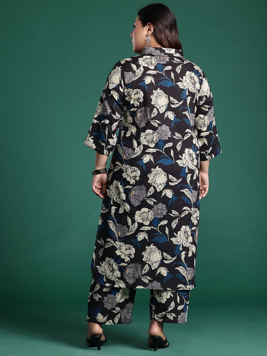 Plus Size Floral Printed Fusion Pure Cotton Kurta with Trousers