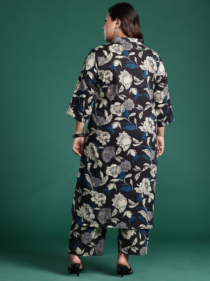 Plus Size Floral Printed Fusion Pure Cotton Kurta with Trousers