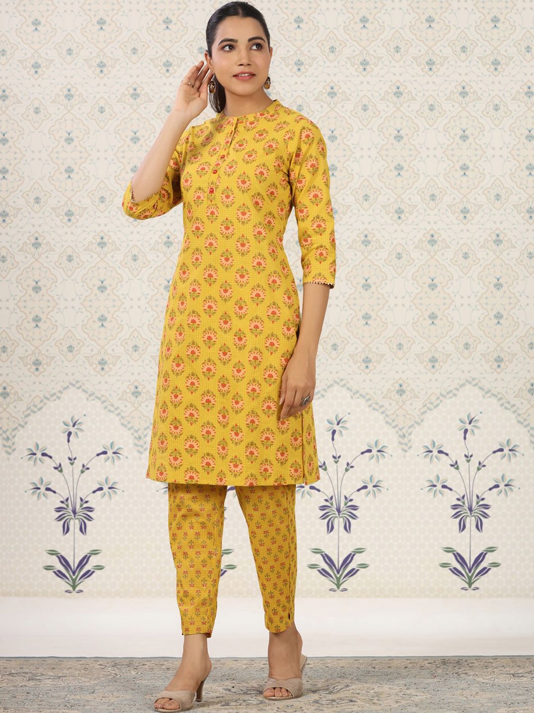 Dhiyona OD  Ethnic Motifs Printed Band Collar Pure Cotton Kurta with Trousers