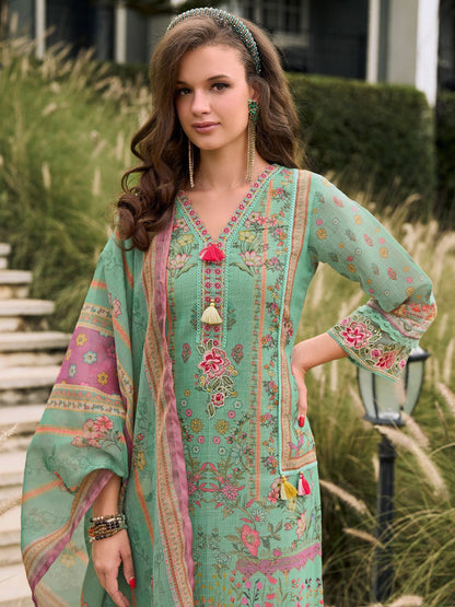 Dhiyona IE Floral Printed Sequinned Linen Kurta With Trousers And Dupatta